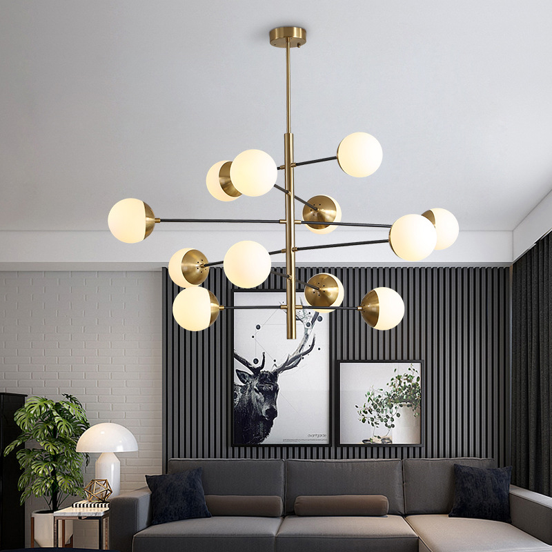 Mid Century Modern 8/10 Light Brass Chandelier with Opal Globes for Dinging Table Living Room Restaurant