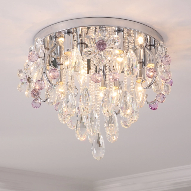 Modern and Elegant 18.9&quot;W Clear and Pink Crystal Flush Mount Ceiling Lamp for Bedroom