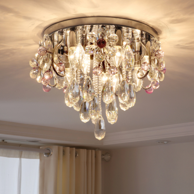 Modern and Elegant 18.9&quot;W Clear and Pink Crystal Flush Mount Ceiling Lamp for Bedroom