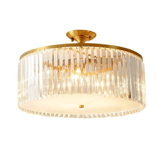 Mid Century Modern Round Crystal Semi Flush Mount in Gold with Crystal Strips