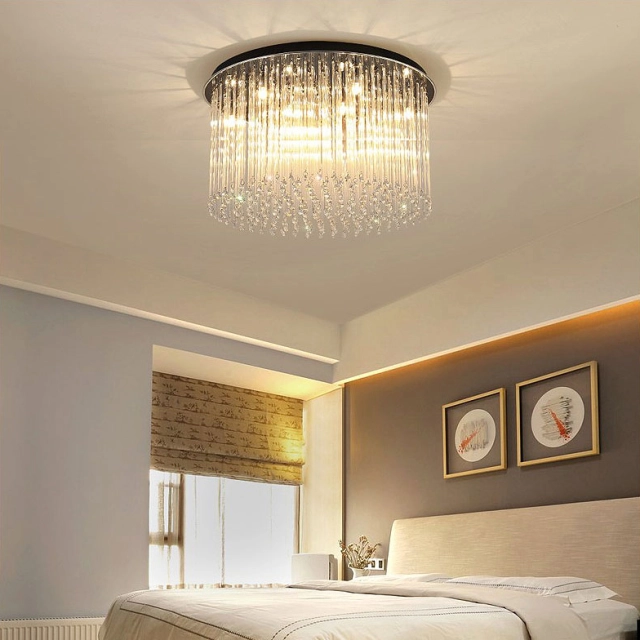 Modern Luxury 8/10 Light Crystal Round Flush Mount Ceiling Light with Glass Strips for Restaurant Bedroom Living Room Ballroom