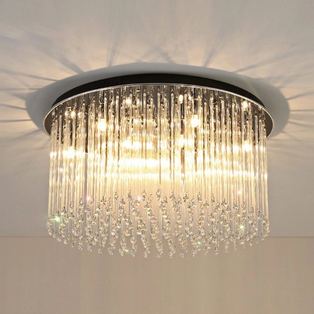 Modern Luxury 8/10 Light Crystal Round Flush Mount Ceiling Light with Glass Strips for Restaurant Bedroom Living Room Ballroom