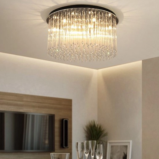 Modern Luxury 8/10 Light Crystal Round Flush Mount Ceiling Light with Glass Strips for Restaurant Bedroom Living Room Ballroom