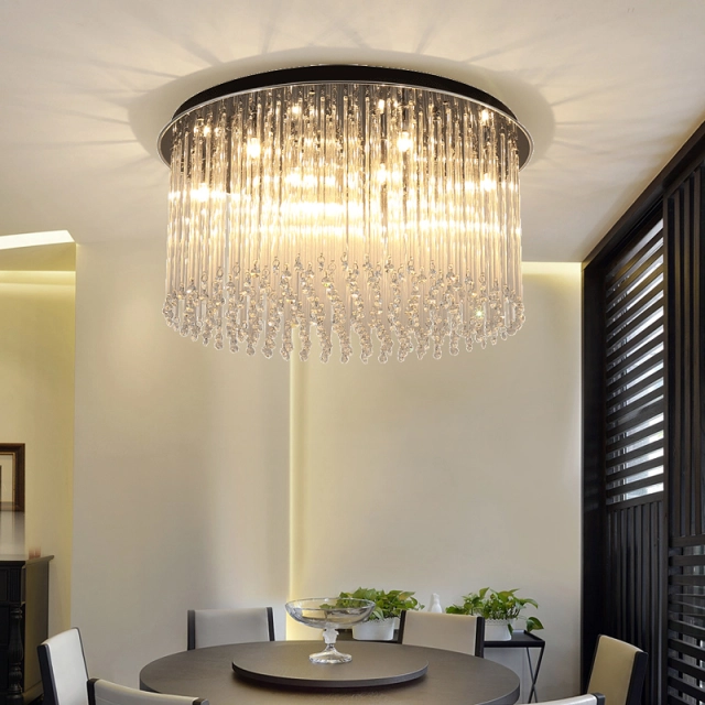Modern Luxury 8/10 Light Crystal Round Flush Mount Ceiling Light with Glass Strips for Restaurant Bedroom Living Room Ballroom