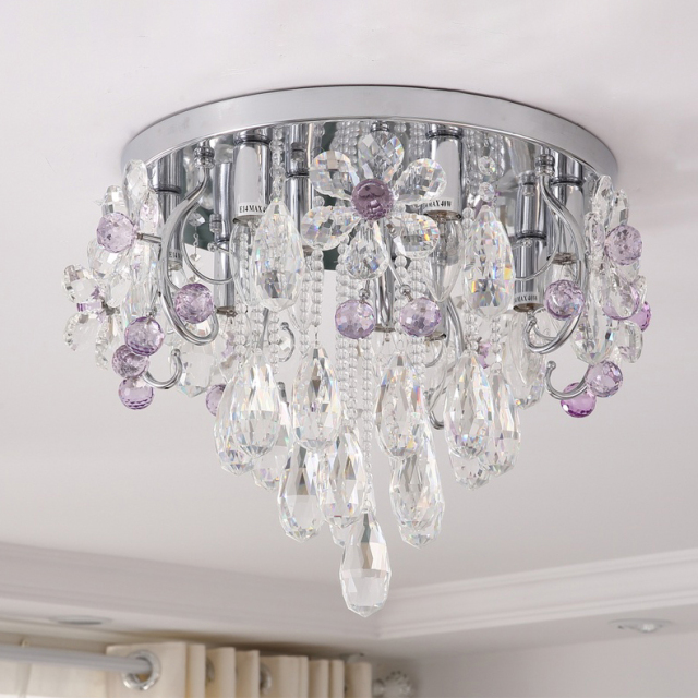 Modern and Elegant 18.9&quot;W Clear and Pink Crystal Flush Mount Ceiling Lamp for Bedroom