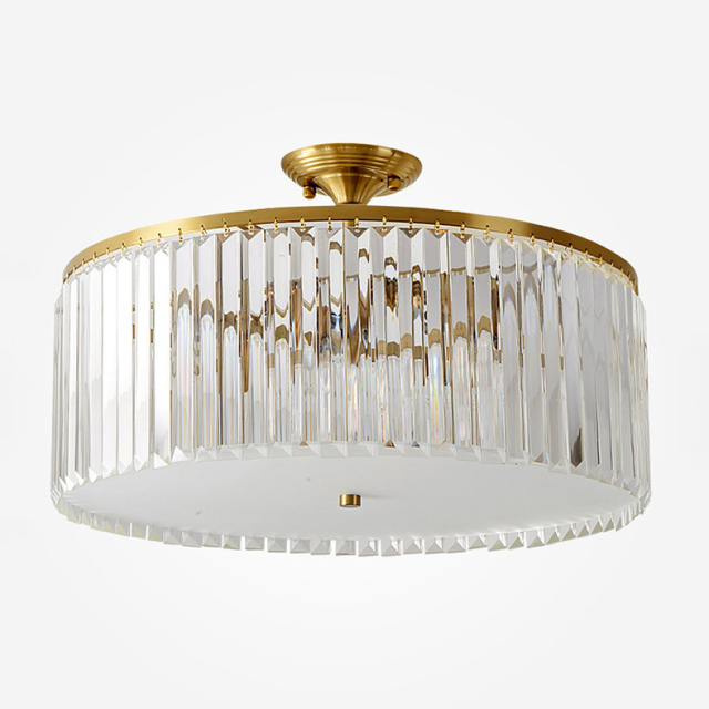 Mid Century Modern Round Crystal Semi Flush Mount in Gold with Crystal Strips