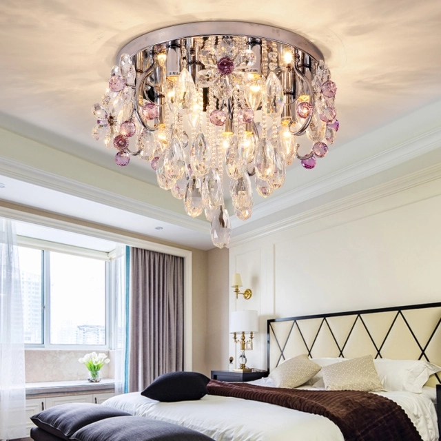 Modern and Elegant 18.9&quot;W Clear and Pink Crystal Flush Mount Ceiling Lamp for Bedroom