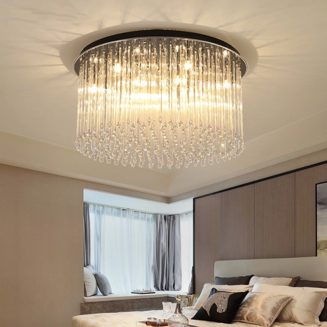 Modern Luxury 8/10 Light Crystal Round Flush Mount Ceiling Light with Glass Strips for Restaurant Bedroom Living Room Ballroom