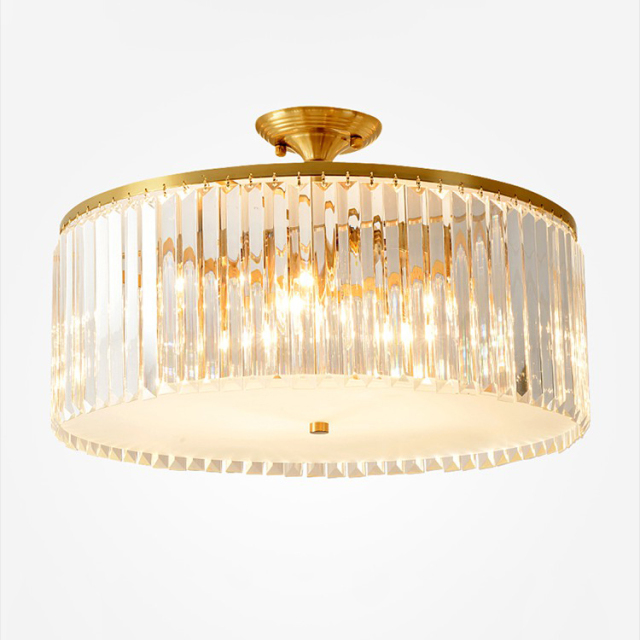 Mid Century Modern Round Crystal Semi Flush Mount in Gold with Crystal Strips