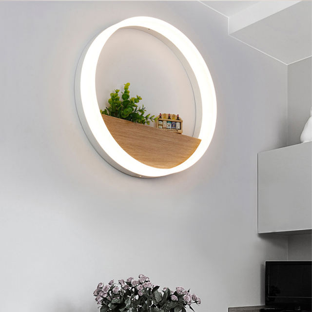 Chic Modern Design Circular LED Wall Sconce with Wooden Tray, 18W Natural White