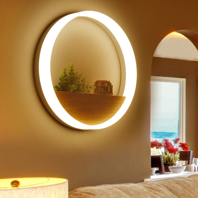 Chic Modern Design Circular LED Wall Sconce with Wooden Tray, 18W Natural White