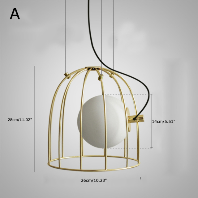 Mid-century Modern 1 Light Golden Cage Hanging Pendant Light with Hand-Blown Glass Globe for Bar Restaurant Kitchen Island
