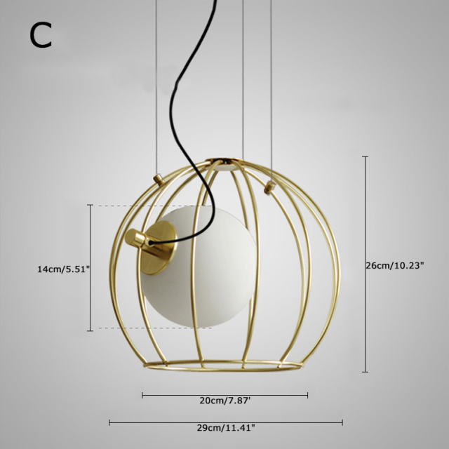 Mid-century Modern 1 Light Golden Cage Hanging Pendant Light with Hand-Blown Glass Globe for Bar Restaurant Kitchen Island