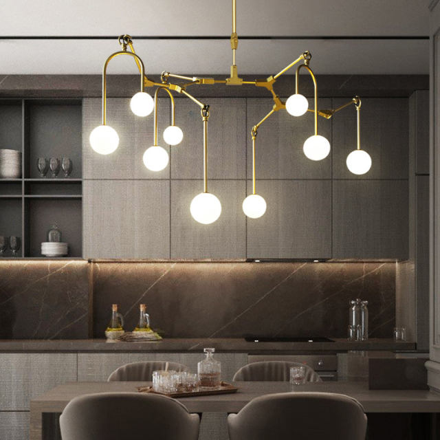 Mid Century Modern 9 Light Branching Chandelier in Gold for Foyer Restaurant Showroom Lighting