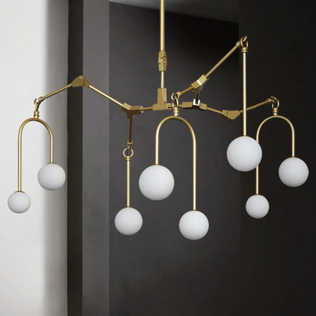 Mid Century Modern 9 Light Branching Chandelier in Gold for Foyer Restaurant Showroom Lighting