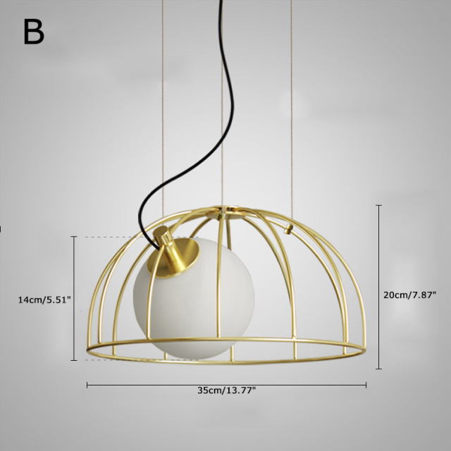 Mid-century Modern 1 Light Golden Cage Hanging Pendant Light with Hand-Blown Glass Globe for Bar Restaurant Kitchen Island