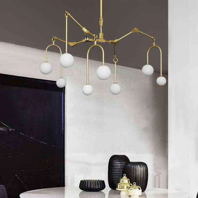 Mid Century Modern 9 Light Branching Chandelier in Gold for Foyer Restaurant Showroom Lighting