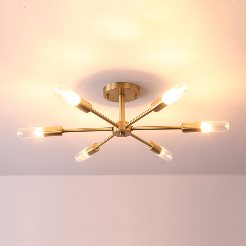 Dimmable 8 Light Frosted Glass Industrial Sputnik Semi Flush Mount Ceiling Lamp in Brass