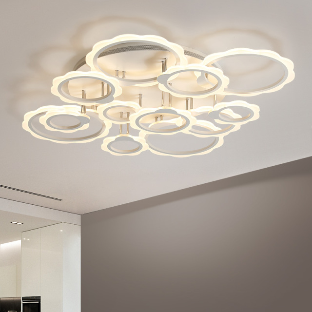 Modern LED Lighting Dimmable Circles Semi Flush Mount in White for Living Room Bedroom and Hallway