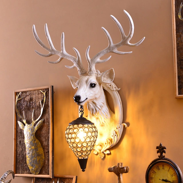 Classic Vintage Industrial  Style 24'' H Deer Head Resin Wall Light with Glass Shade for Restaurant