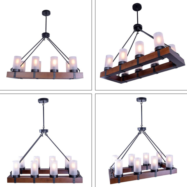 Vintage Industrial Kitchen Island Light, 8 Lights Retro Pendant Light Fixture Rectangular Wood Frame Metal Hanging Chandeliers Ceiling Light Luminaire