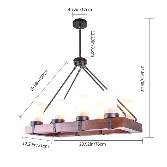 Vintage Industrial Kitchen Island Light, 8 Lights Retro Pendant Light Fixture Rectangular Wood Frame Metal Hanging Chandeliers Ceiling Light Luminaire