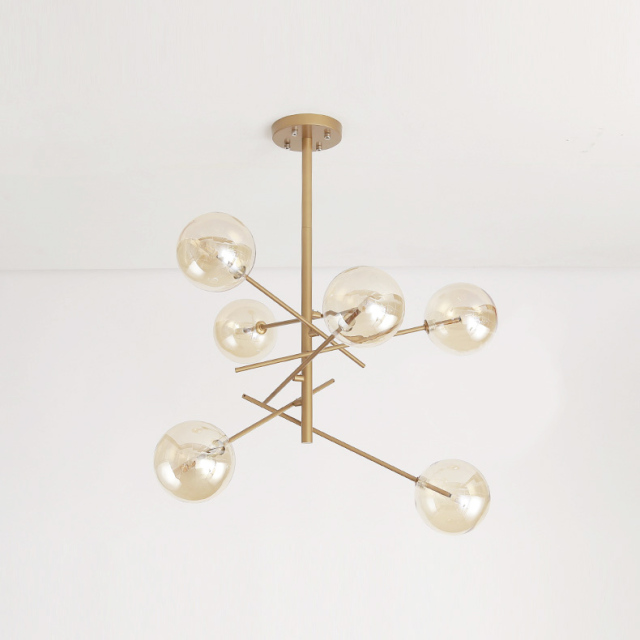 Modern Style 6 Light Chandelier Matte Gold with Clear Hand-blown Glass Globes