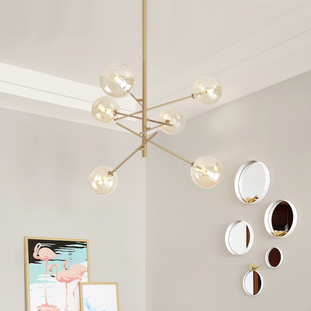 Modern Style 6 Light Chandelier Matte Gold with Clear Hand-blown Glass Globes