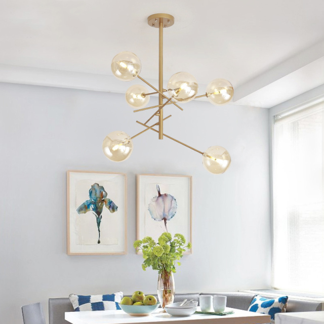 Modern Style 6 Light Chandelier Matte Gold with Clear Hand-blown Glass Globes