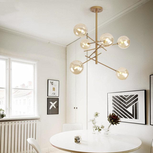 Modern Style 6 Light Chandelier Matte Gold with Clear Hand-blown Glass Globes