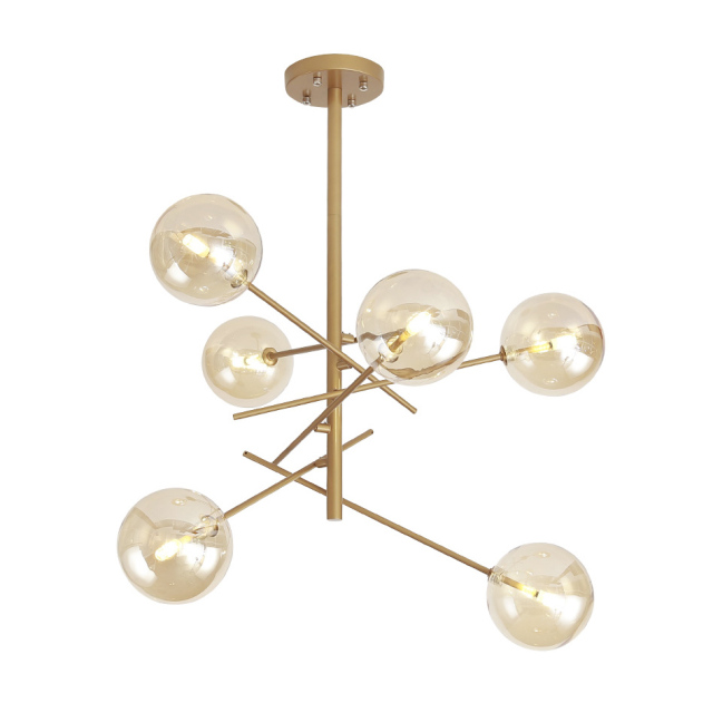 Modern Style 6 Light Chandelier Matte Gold with Clear Hand-blown Glass Globes