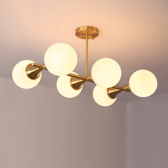 Modern Style 6 Light Semi Flush Mount in Brass with Clear/Opal Glass Globe Shade for Dining Room Restaurant