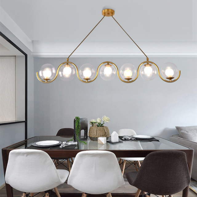 Modern Style 3/5 Light Brass Linear Chandelier with Clear Blown Glass Shade for Dining Room Kitchen Island