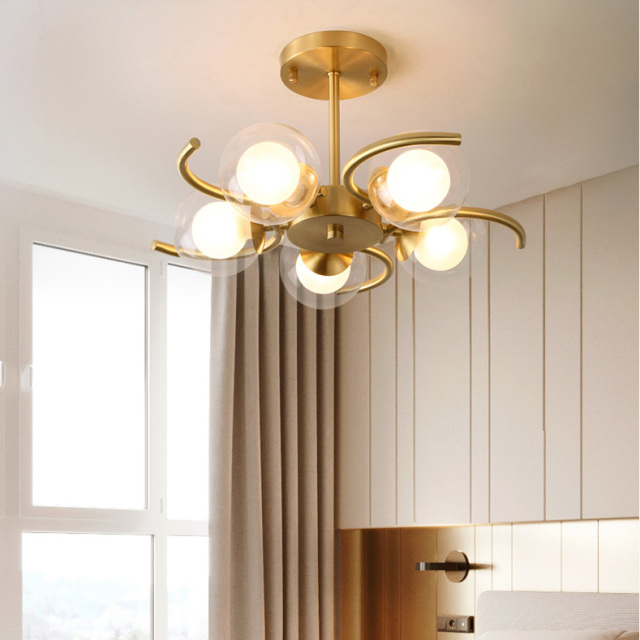 Modern Style 3/4/5 Light Brass Semi Flush Ceiling Light with Clear Globe Glass Shade for Living Room Bedroom Restaurant