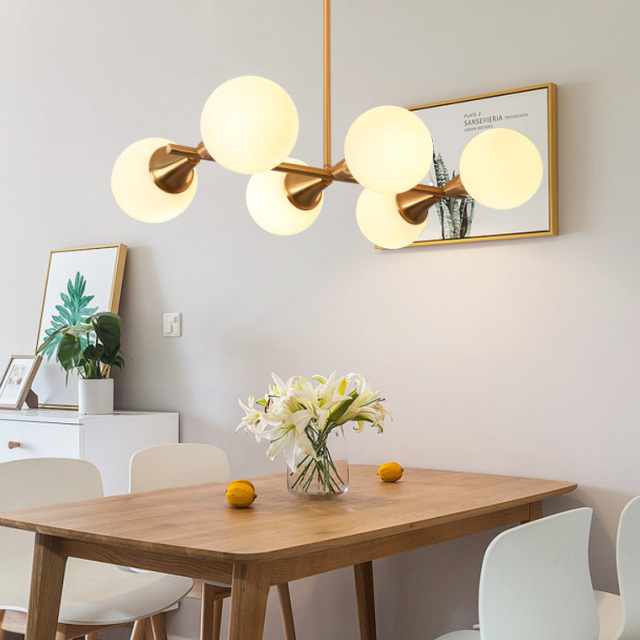 Modern Style 6 Light Semi Flush Mount in Brass with Clear/Opal Glass Globe Shade for Dining Room Restaurant