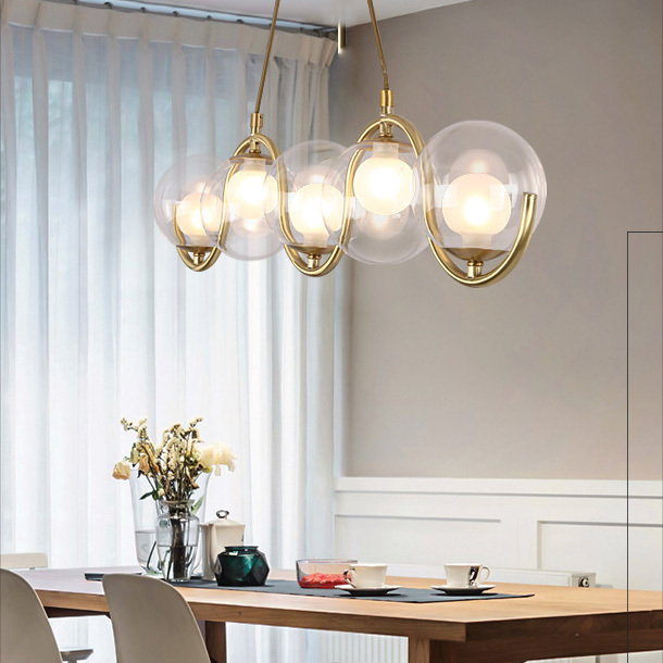 Modern Style 3/5 Light Brass Linear Chandelier with Clear Blown Glass Shade for Dining Room Kitchen Island