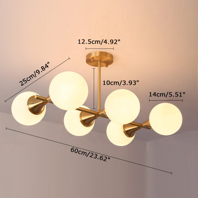 Modern Style 6 Light Semi Flush Mount in Brass with Clear/Opal Glass Globe Shade for Dining Room Restaurant