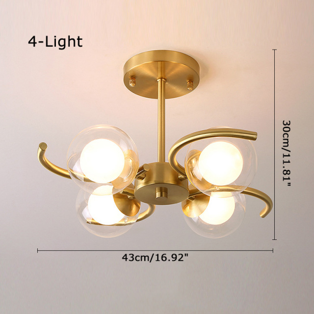 Modern Style 3/4/5 Light Brass Semi Flush Ceiling Light with Clear Globe Glass Shade for Living Room Bedroom Restaurant