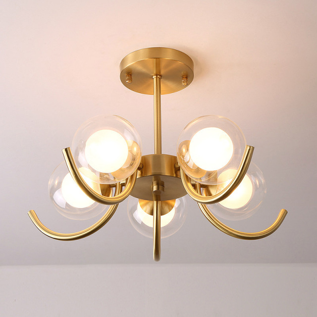 Modern Style 3/4/5 Light Brass Semi Flush Ceiling Light with Clear Globe Glass Shade for Living Room Bedroom Restaurant