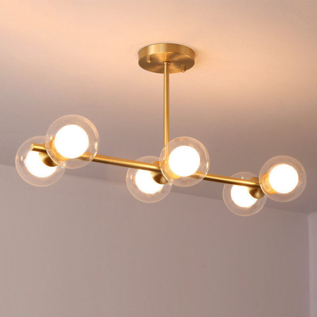 Modern Style 6 Light Semi Flush Mount in Brass with Clear/Opal Glass Globe Shade for Dining Room Restaurant