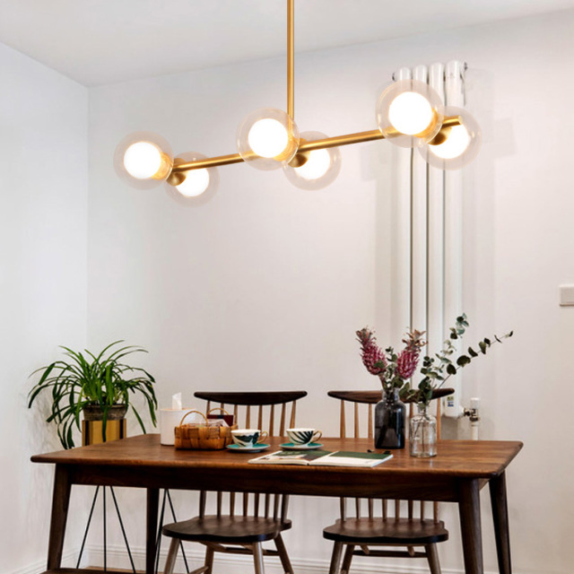 Modern Style 6 Light Semi Flush Mount in Brass with Clear/Opal Glass Globe Shade for Dining Room Restaurant