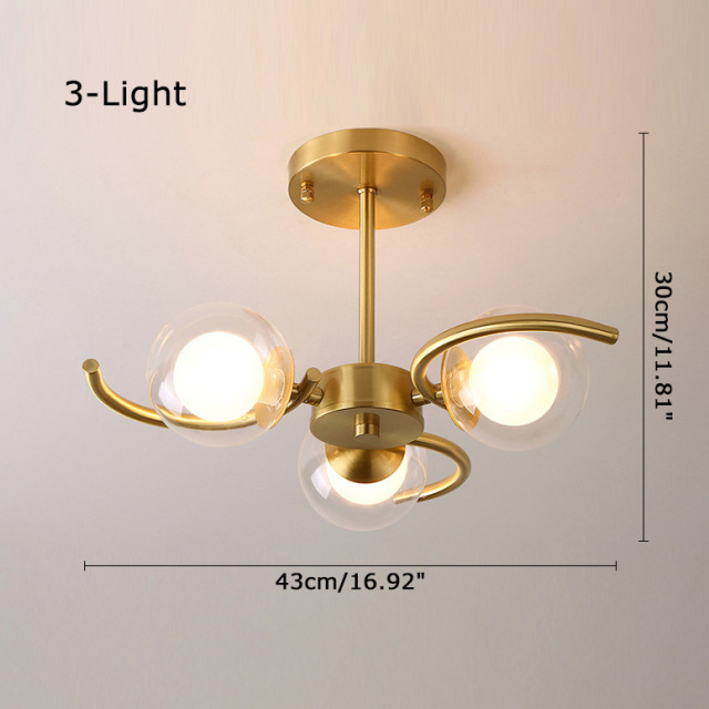 Modern Style 3/4/5 Light Brass Semi Flush Ceiling Light with Clear Globe Glass Shade for Living Room Bedroom Restaurant