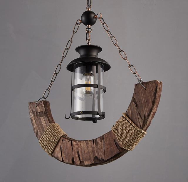 Industrial Style 22'' Wide Large Single Light Wood Pendant Chandelier with Rope Decoration