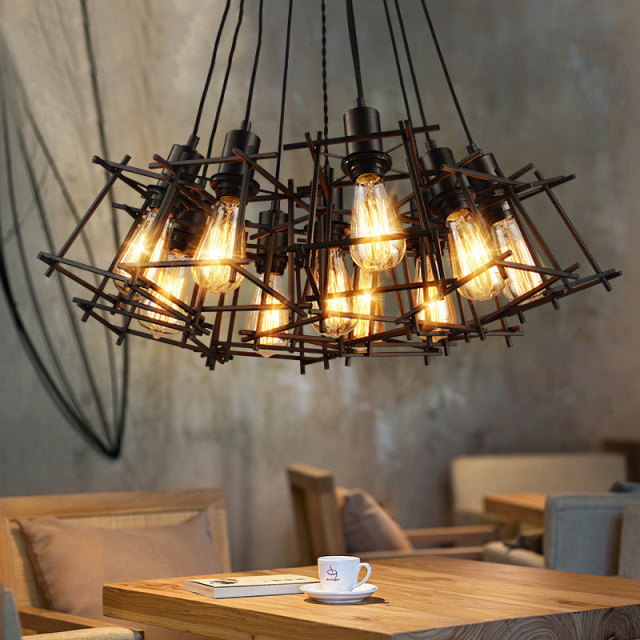 Vintage Industrial 5/6/7/9/10 Head Cage Mini Multi Light Pendant for Restaurant and Bar