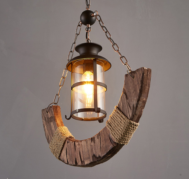 Industrial Style 22'' Wide Large Single Light Wood Pendant Chandelier with Rope Decoration