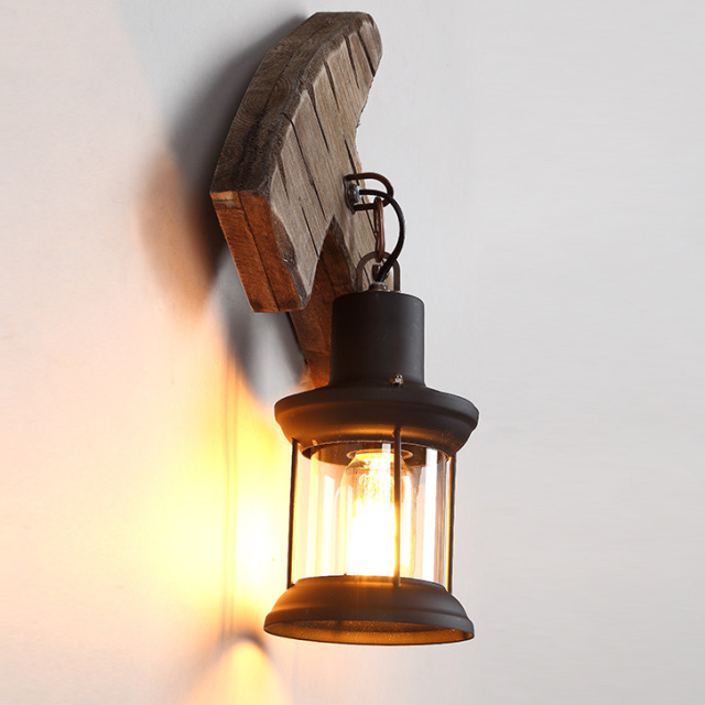 Axe Shape Industrial Wood Wall Lamp with Glass Lantern Shade