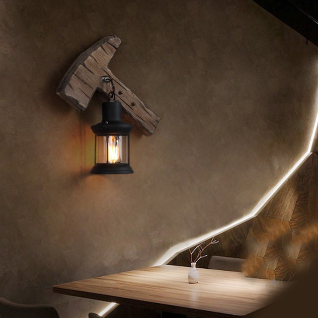 Axe Shape Industrial Wood Wall Lamp with Glass Lantern Shade