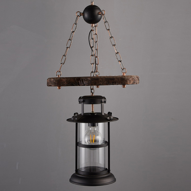 Retro 15''W 1 Light Pendant Lantern Lamp in Antique Black Finish