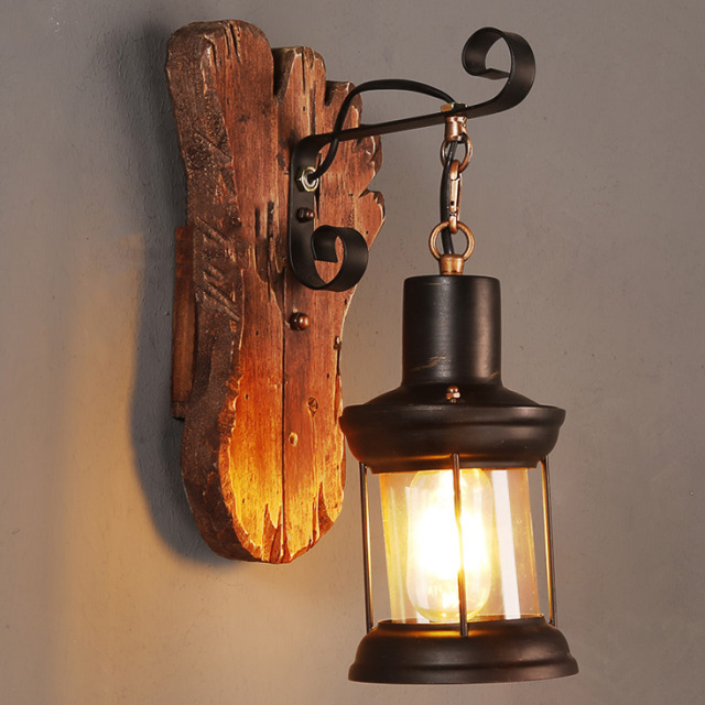 Industrial Style 14''H Glass Wall Lantern Sconce with Wood Base