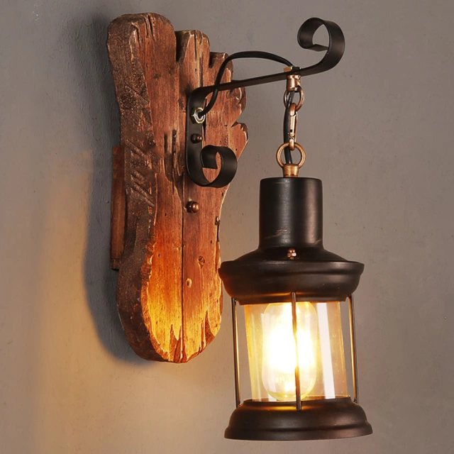 Industrial Style 14''H Glass Wall Lantern Sconce with Wood Base